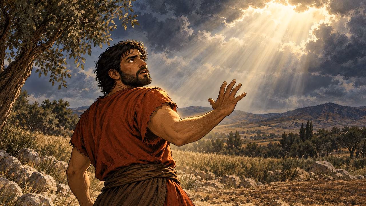 Cain looks upward and raises a defensive hand toward light through parted clouds, an interpretive sign of God's unseen address.