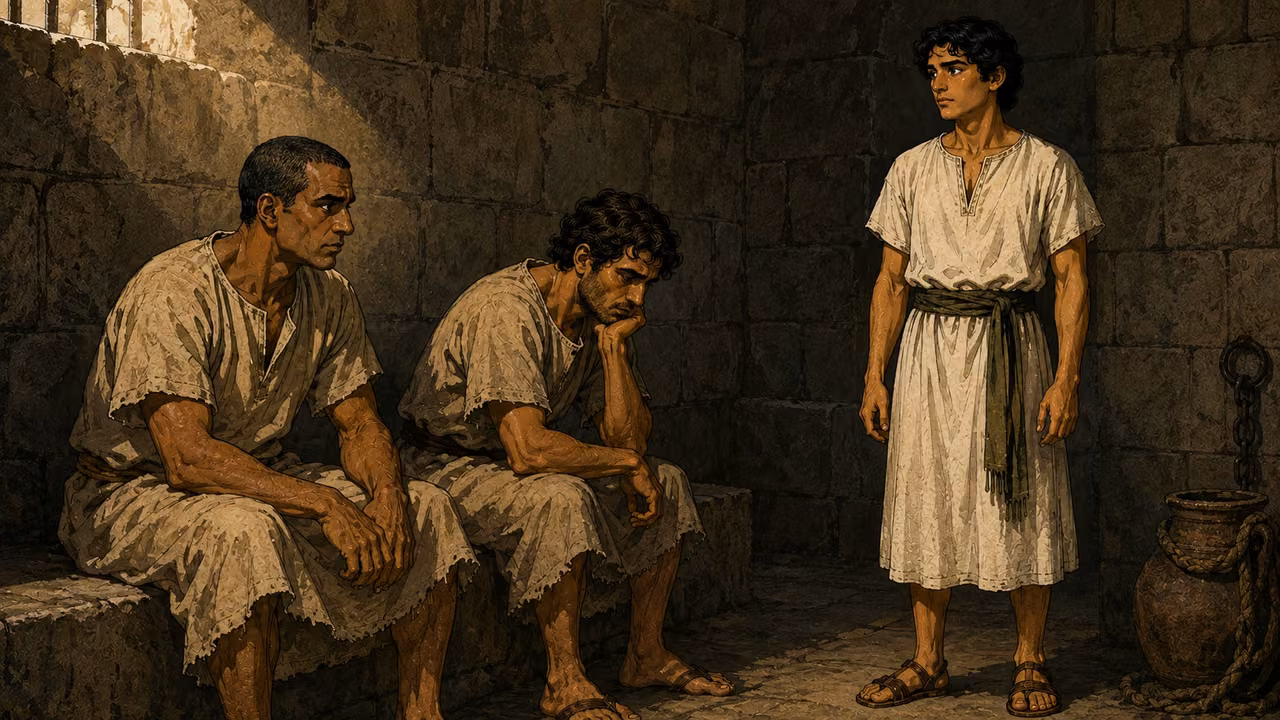 Joseph noticing two troubled fellow prisoners in a stone chamber, plain worn tunic.