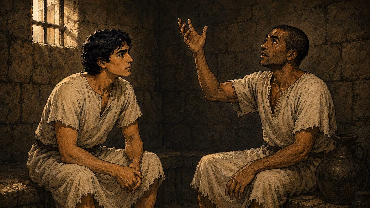 Joseph as an ordinary young Hebrew prisoner in a plain worn linen tunic, no jewelry or blue regalia, listens seriously to the chief baker in a stone prison chamber; the baker gestures upward while telling his dream. No literal dream collage or execution.