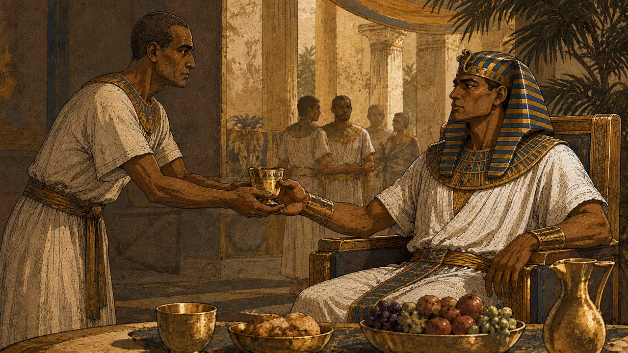 At Pharaoh's birthday feast the restored chief cupbearer respectfully places a drinking cup in Pharaoh's hand. Ancient Egyptian court, modest linen and gold ceremonial collar; restrained feast. No Joseph, no execution, no modern glassware.