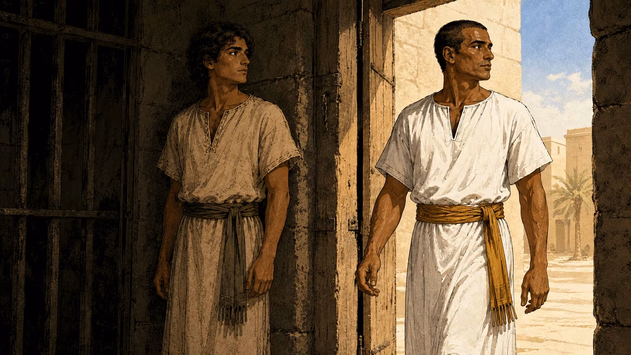 Joseph remaining in the prison doorway as the released cupbearer walks into sunlight; no execution pictured.