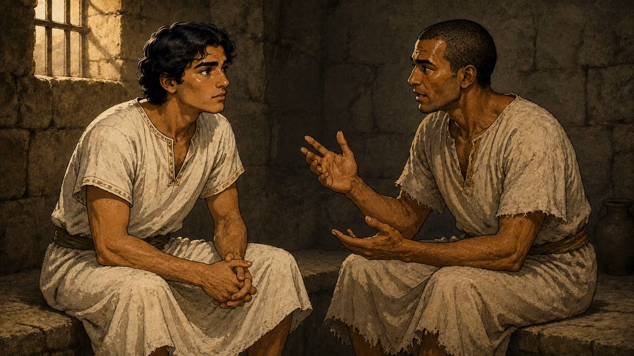 Joseph listening carefully as the cupbearer recounts his dream, no dream-symbol collage.