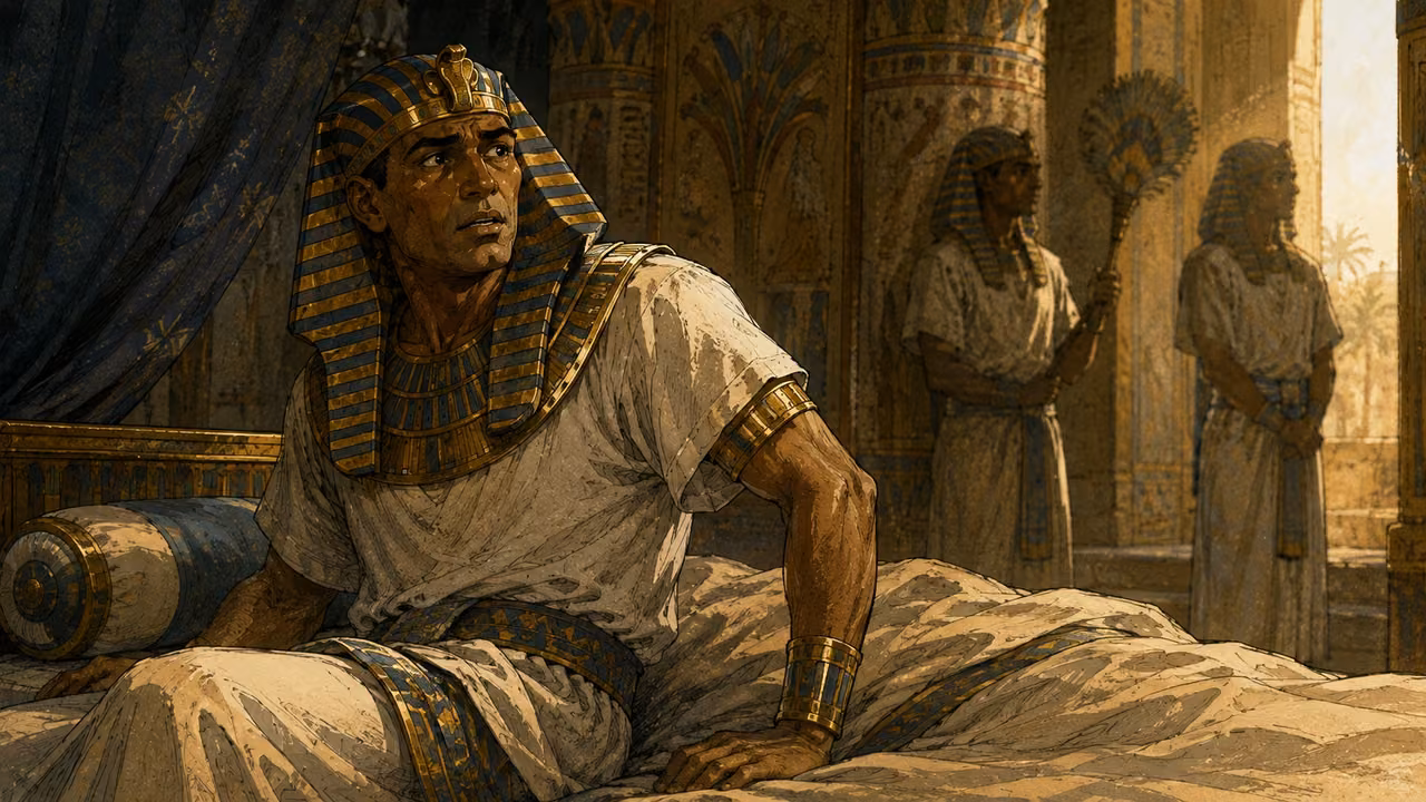 Pharaoh abruptly awake on a low Egyptian bed, troubled face in dawn light, attendants at a distance. His dreams are represented through his expression, no surreal cow collage, no Joseph in this scene.