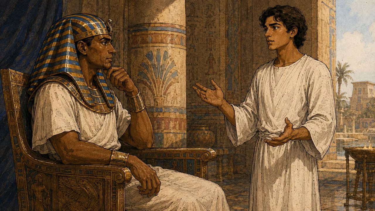 Clean-shaven Joseph in plain freshly changed white linen, without governor insignia or gold jewelry, explains the dreams to attentive Pharaoh, gesturing calmly. Simple ancient Egyptian court, no signet ceremony yet.