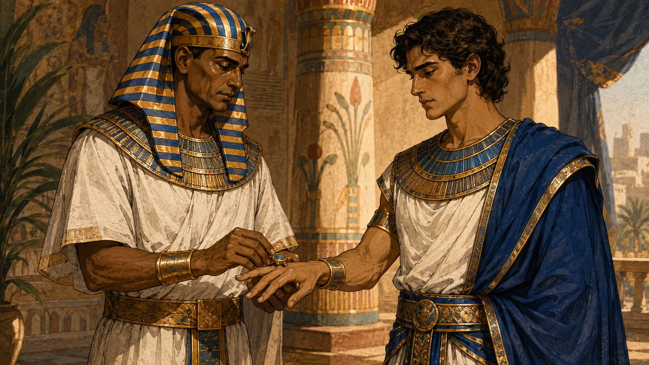 Pharaoh placing an administrative signet on Joseph's hand as he is appointed, white linen and blue-gold accents.
