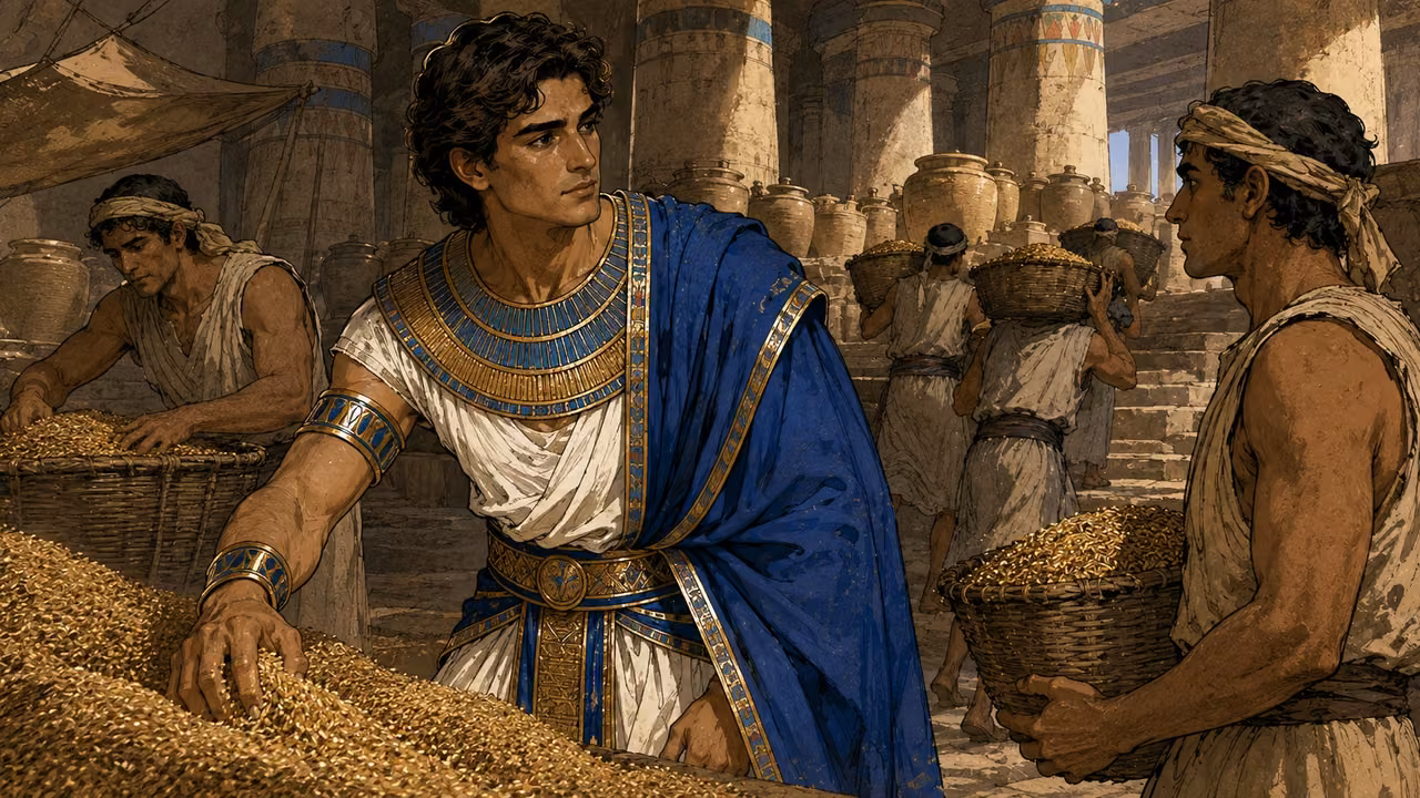 Joseph inspecting great stores of grain with workers carrying baskets.