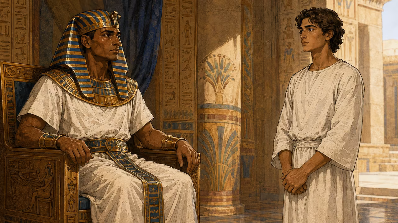 Clean-shaven Joseph in plain freshly changed linen standing before Pharaoh to hear his dreams, no governor insignia yet.