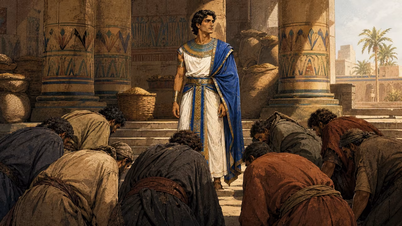 Joseph's adult brothers bowing before him in an Egyptian grain court, no Benjamin.