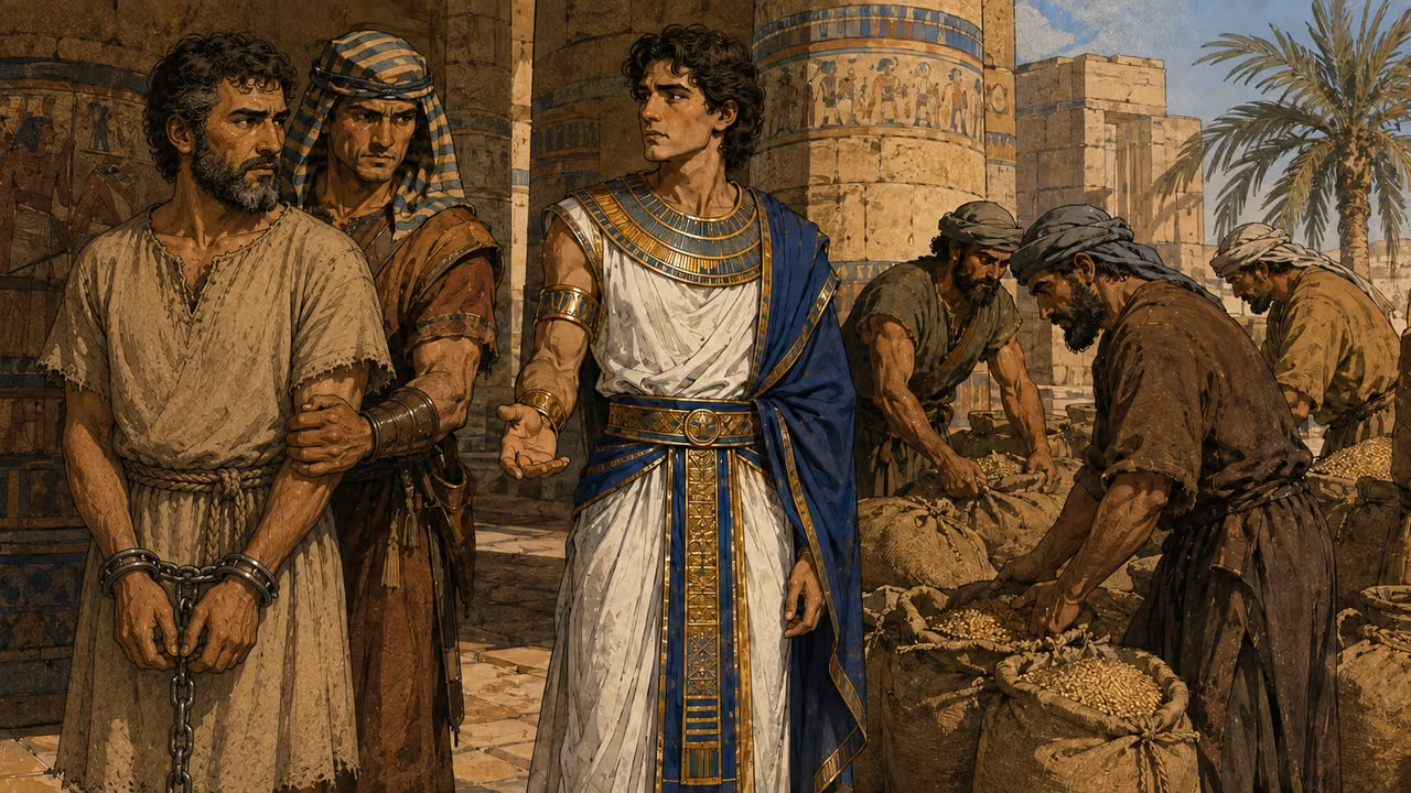 Simeon detained under guard while the other brothers prepare loaded grain sacks, no brutality.