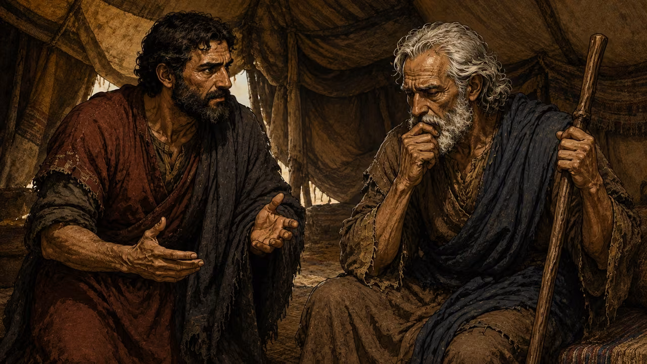 Jacob listening in distress as his sons report what happened in Egypt.