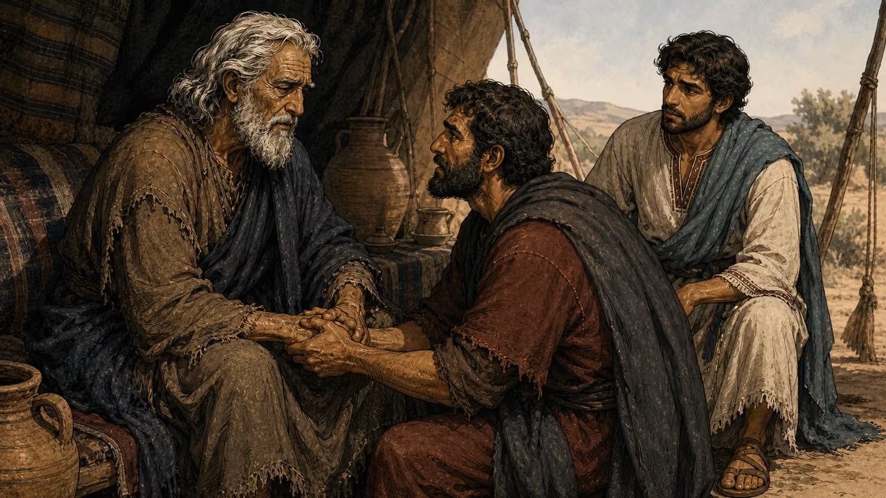 Judah pledging responsibility as Jacob reluctantly sends Benjamin.
