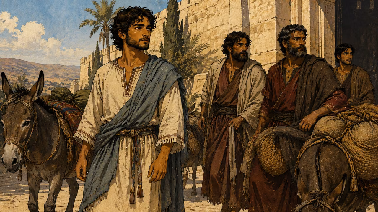 Benjamin and his brothers waiting anxiously beside loaded donkeys at Joseph's house.