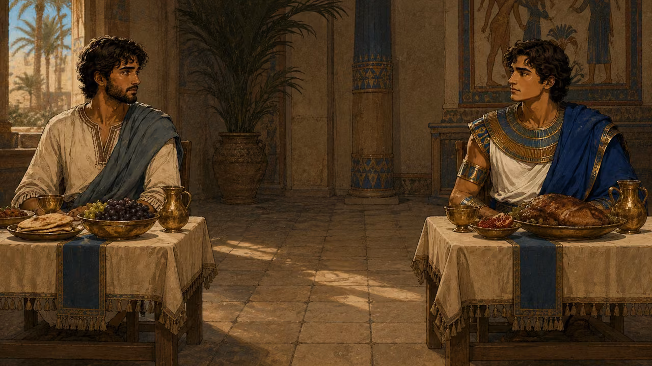 Joseph looking toward Benjamin across a prepared meal with separate Egyptian and Hebrew seating.
