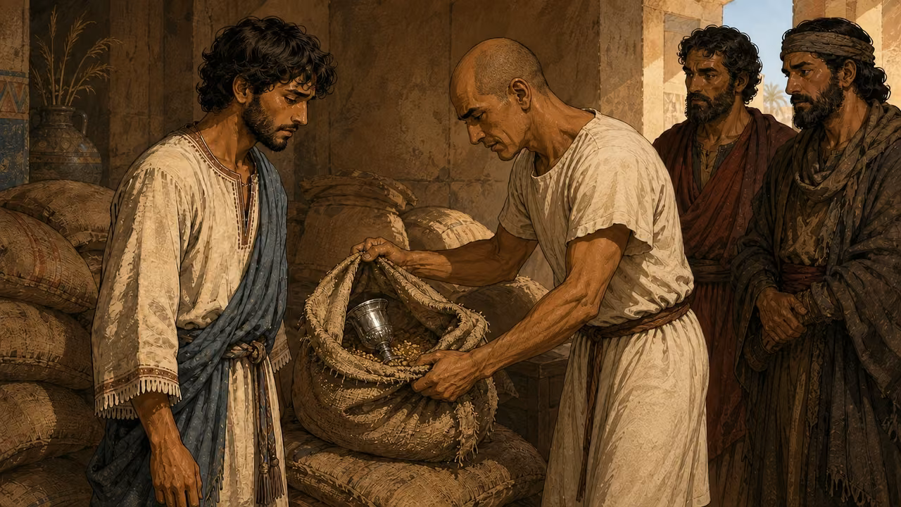 A steward revealing a silver cup inside Benjamin's opened grain sack.