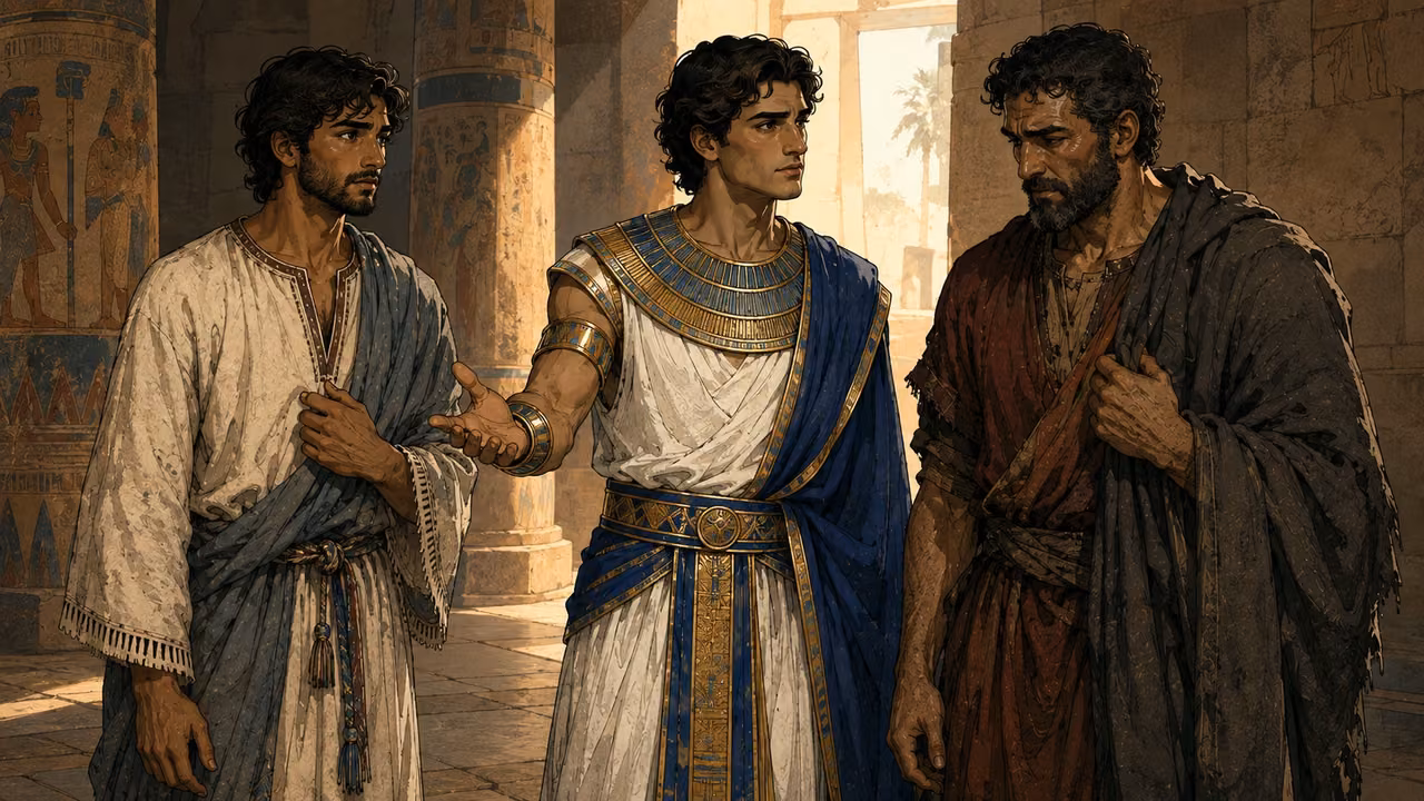 The brothers standing in distress before Joseph with Benjamin at their side.