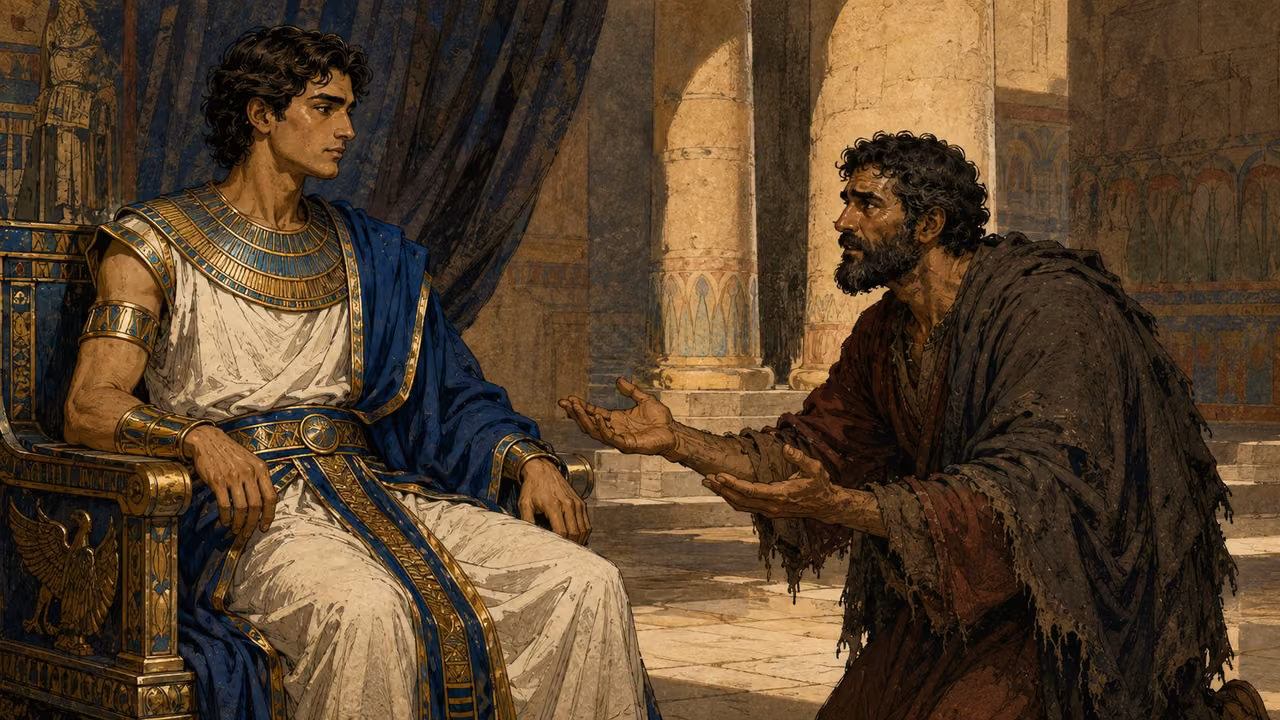 Judah pleading before Joseph with open empty hands, offering himself in Benjamin's place.