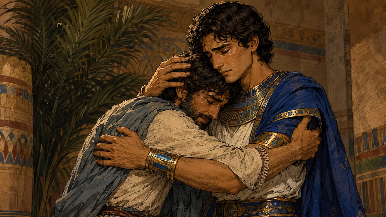 Joseph embracing Benjamin and weeping after revealing his identity.