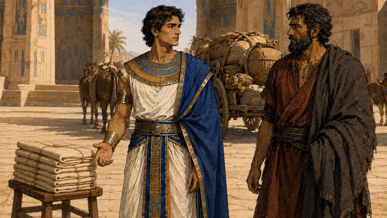 Joseph sending his brothers away with loaded wagons and provisions.