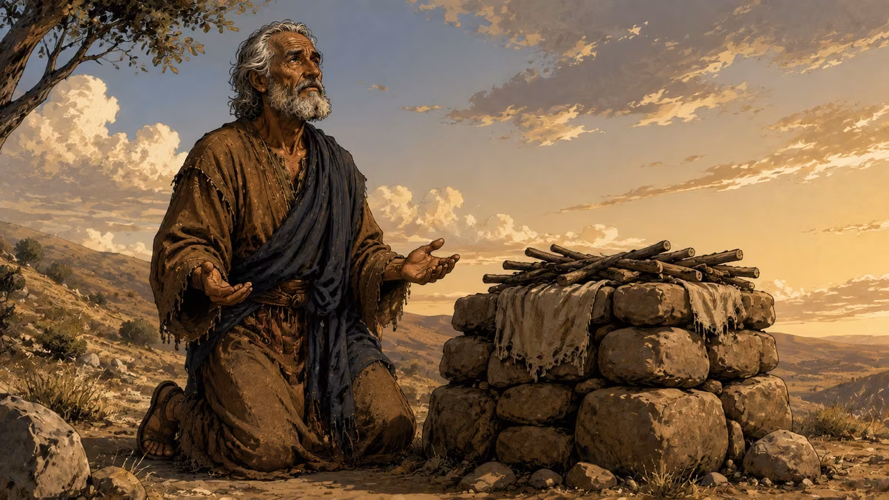 Jacob at a simple altar in Beersheba before the journey, no visible deity.