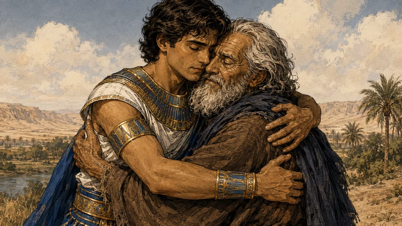 Joseph embracing his elderly father in Goshen, both deeply moved.