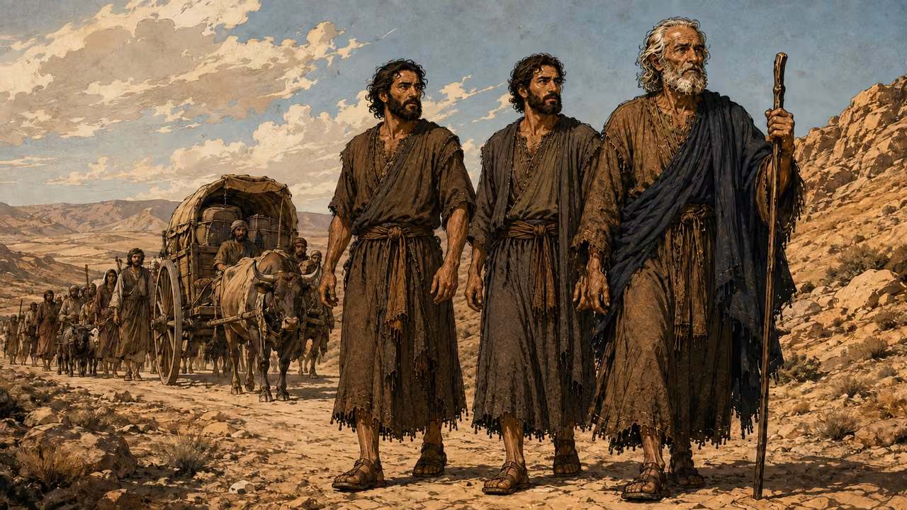Jacob's extended household traveling together in wagons through the desert, visual context for the named family list.