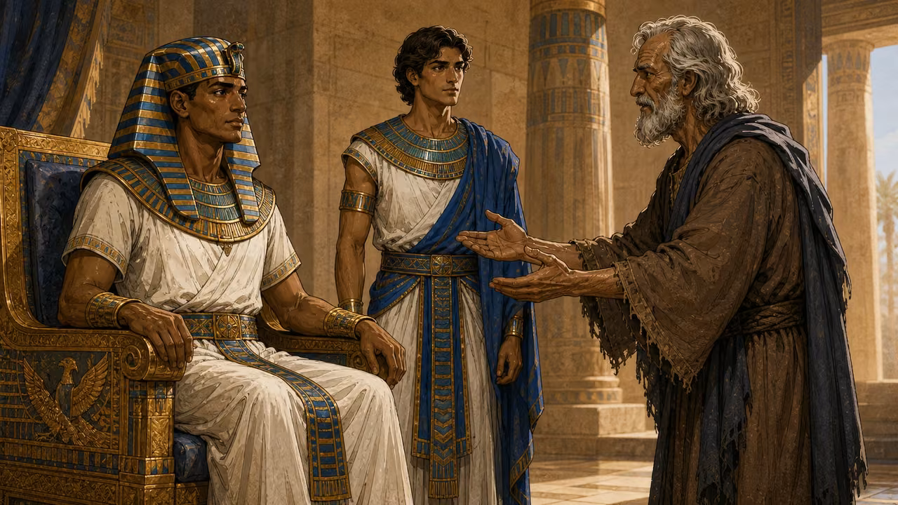 Jacob standing before Pharaoh and blessing him, Joseph beside him.
