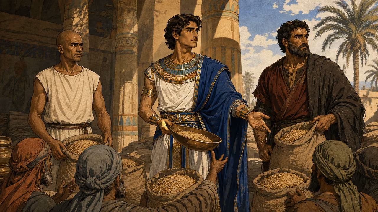 Joseph overseeing grain distribution to families during famine, measured and sober.