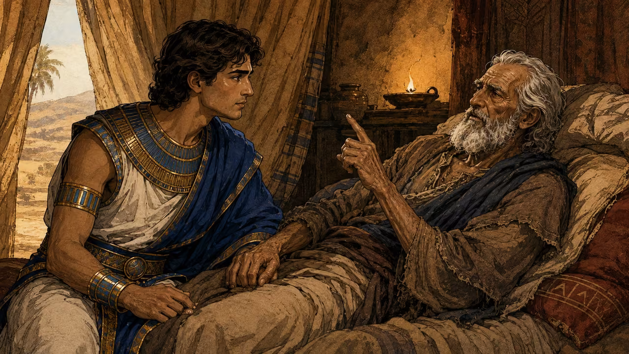 Elderly Jacob asking Joseph at his bedside to arrange burial with his fathers.