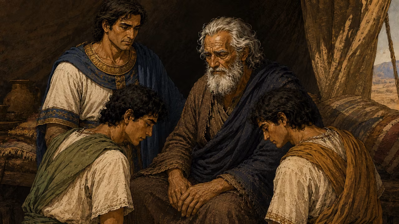 Joseph bringing his two sons to the bedside of frail Jacob.