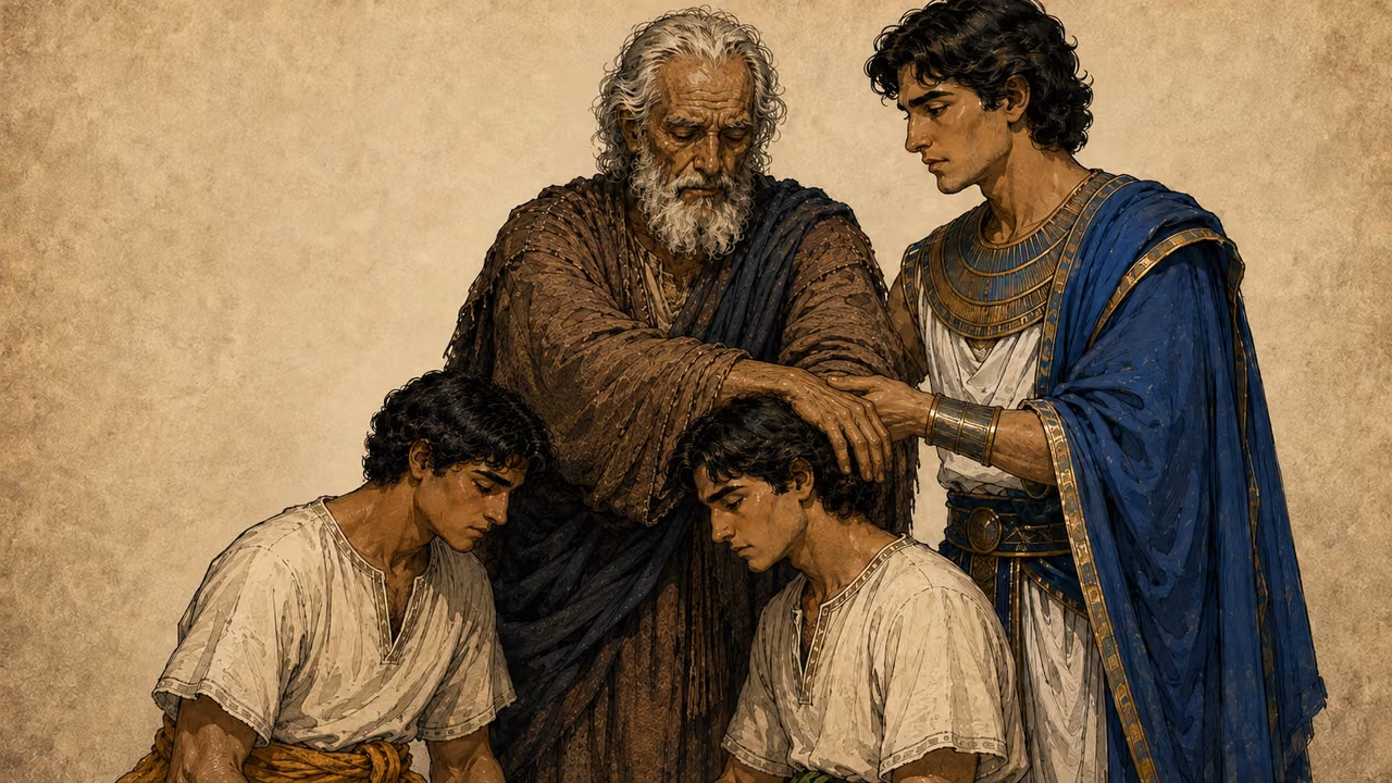 Joseph gently touching Jacob's crossed hand while Jacob firmly maintains the blessing.