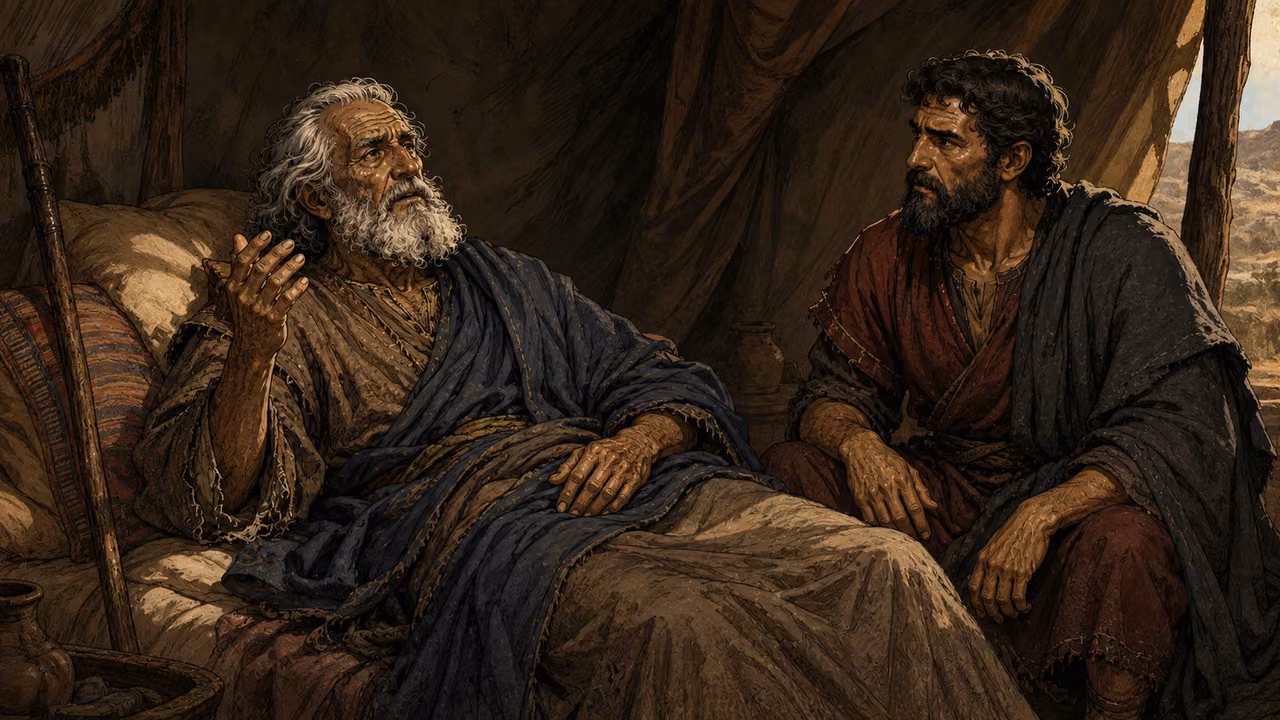 Jacob addressing his adult sons gathered at his bedside, Judah attentive.