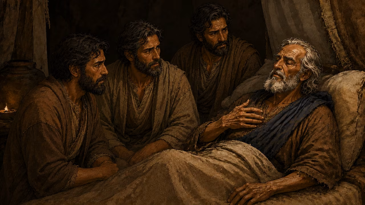 Jacob resting after his burial instructions, family gathered quietly around the bed, no graphic death detail.