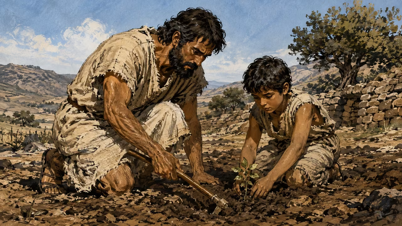 Families living beyond Eden, a father teaching his child to tend the earth; ordinary successive generations, no invented named portrait.