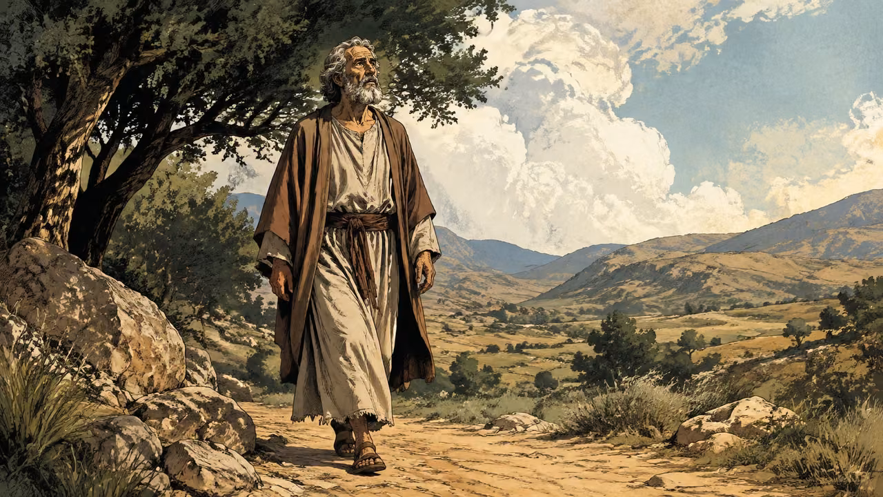 Enoch walking a quiet pastoral path, with no visible deity or invented vehicle.