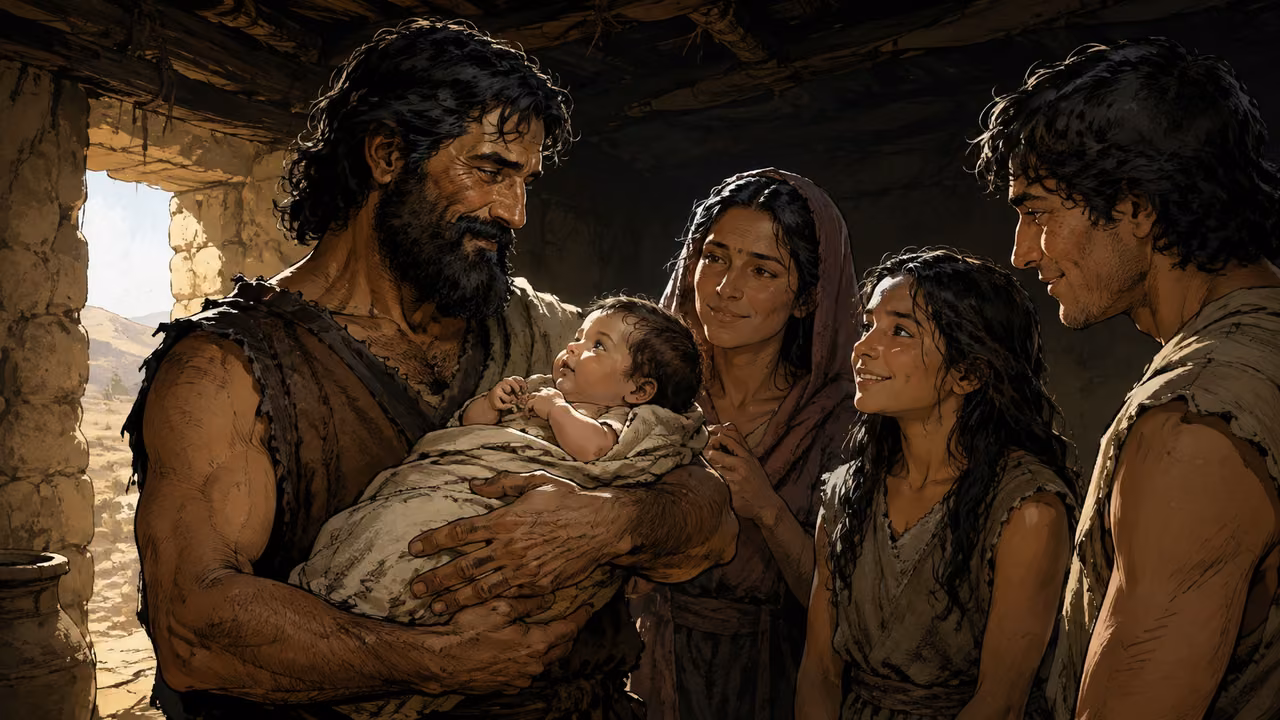 Lamech holding infant Noah while household members gather, anticipating relief from toil.