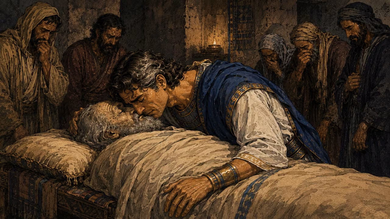 Joseph, now mature with slightly graying wavy hair, in white linen and subdued blue mantle, weeps leaning over his deceased father's covered body on a low bed. Jacob's face may be gently visible, eyes closed, gray beard. No embalming procedure or exposed body.