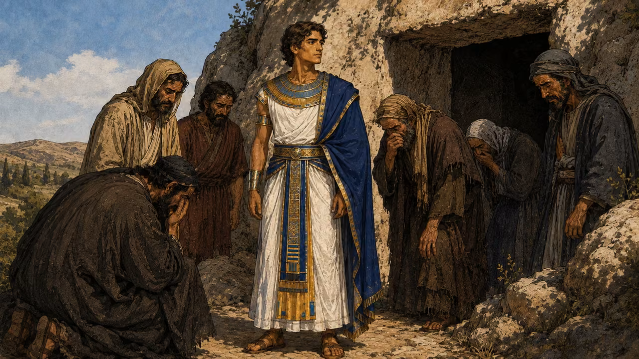 Joseph among mourners at the entrance of the ancestral burial cave in Canaan.
