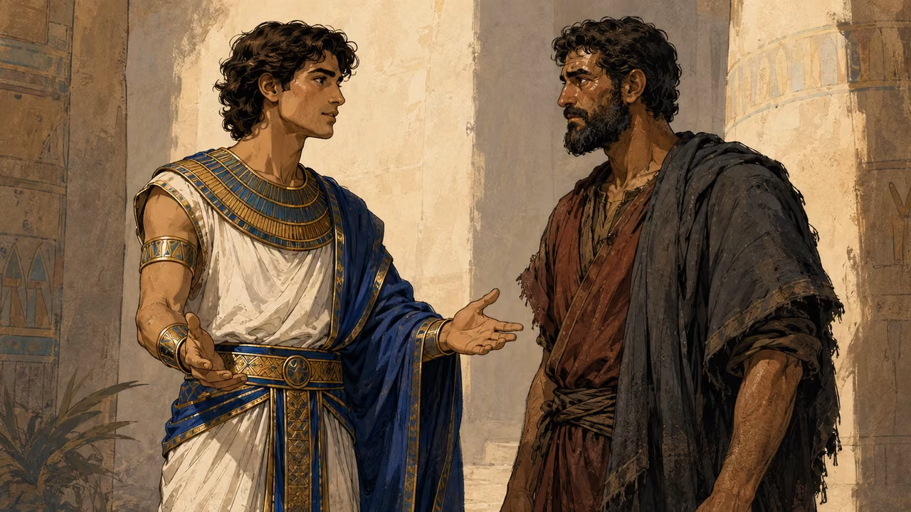 Joseph comforting his anxious brothers with open hands, dignified reconciliation.