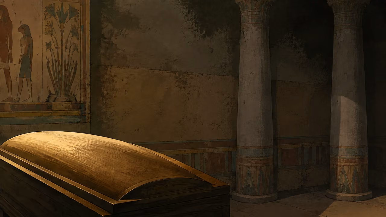 A closed wooden Egyptian coffin in a quiet chamber, ending with the hope of departure preserved in the attached Scripture; no mummy or supernatural effects.