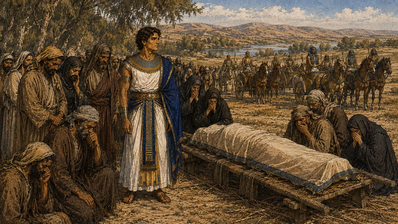 A large solemn funeral company pauses at an open ancient threshing floor near the Jordan; Joseph in white and blue among mourners, covered bier, distant Egyptian horse-drawn chariots and riders. No funeral cave in this scene, no pyramids or modern objects.
