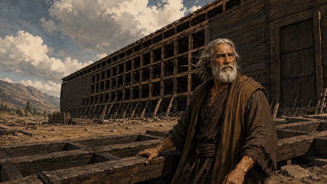 Noah inspecting the enormous rectangular ark frame on dry ground.