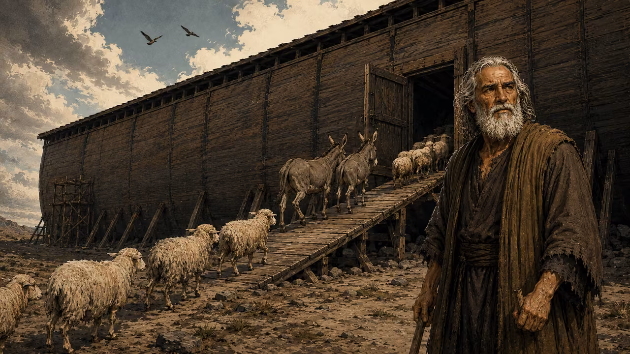 Noah beside the great ark door as animals enter in pairs and additional clean animals follow.