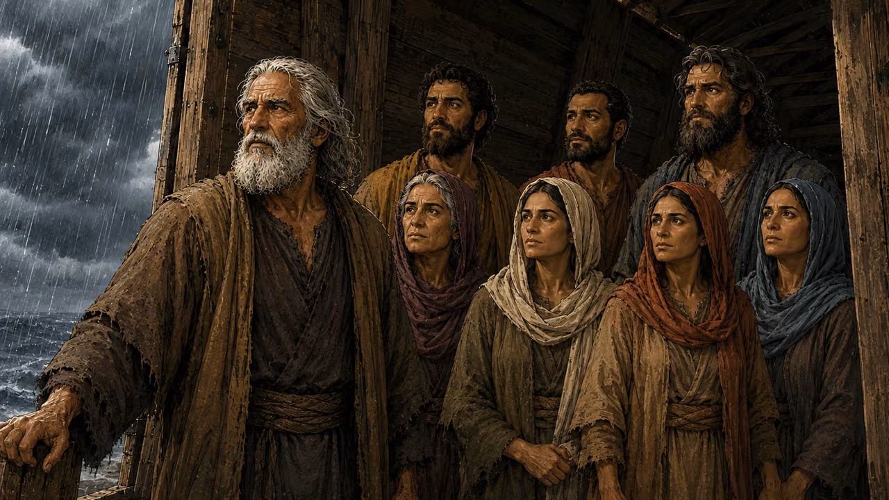 Noah's family safely inside the timber doorway as rain begins outside.