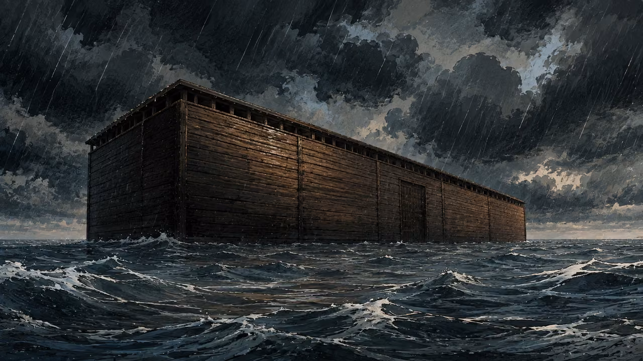 The massive rectangular ark floating alone on floodwater under storm clouds; no people drowning.