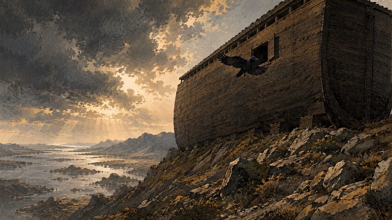 The massive rectangular timber ark rests on mountain slopes above receding floodwater; a raven flies from its small window. No dove, no people outside the ark.