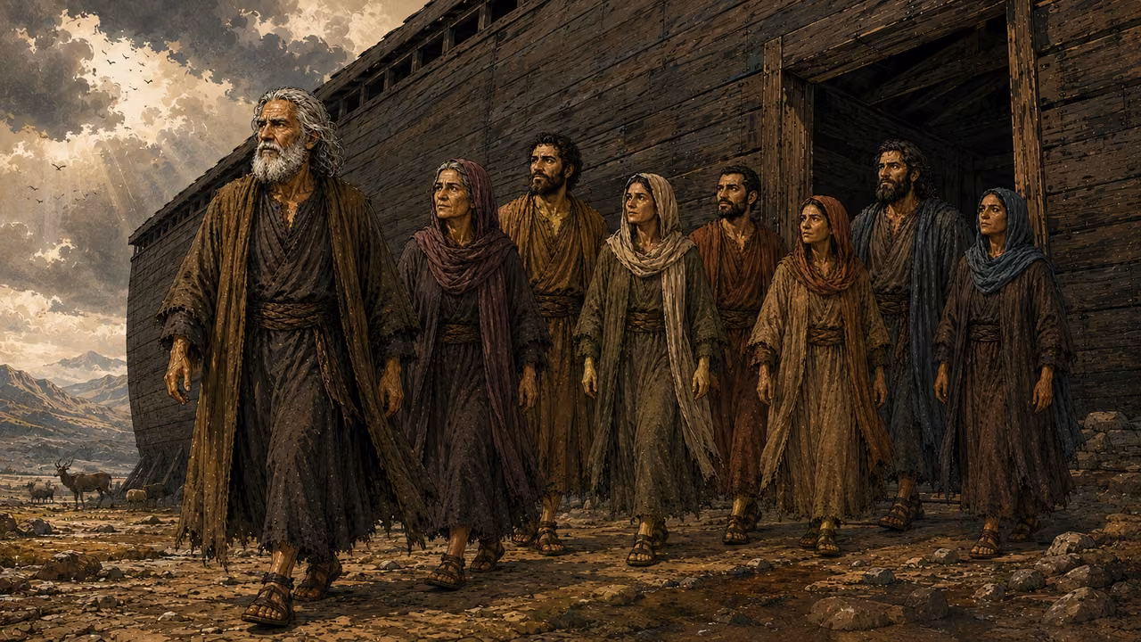 Noah's household and animals leaving the ark onto dry ground.