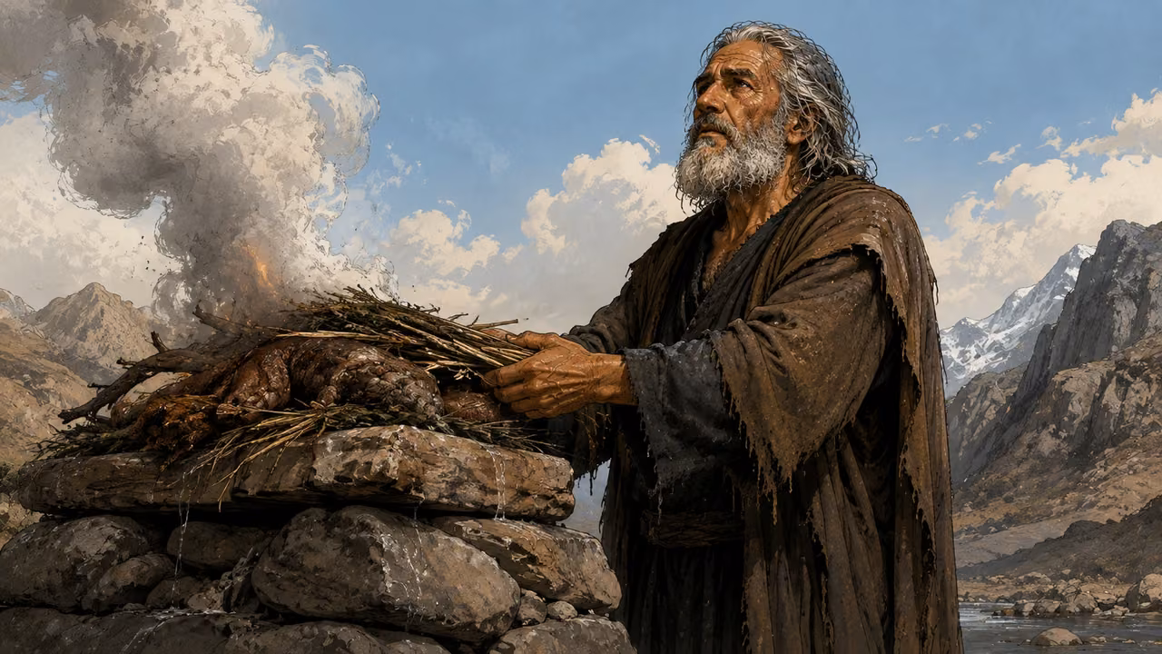 Noah at a simple stone altar after the flood, smoke rising in clear air.