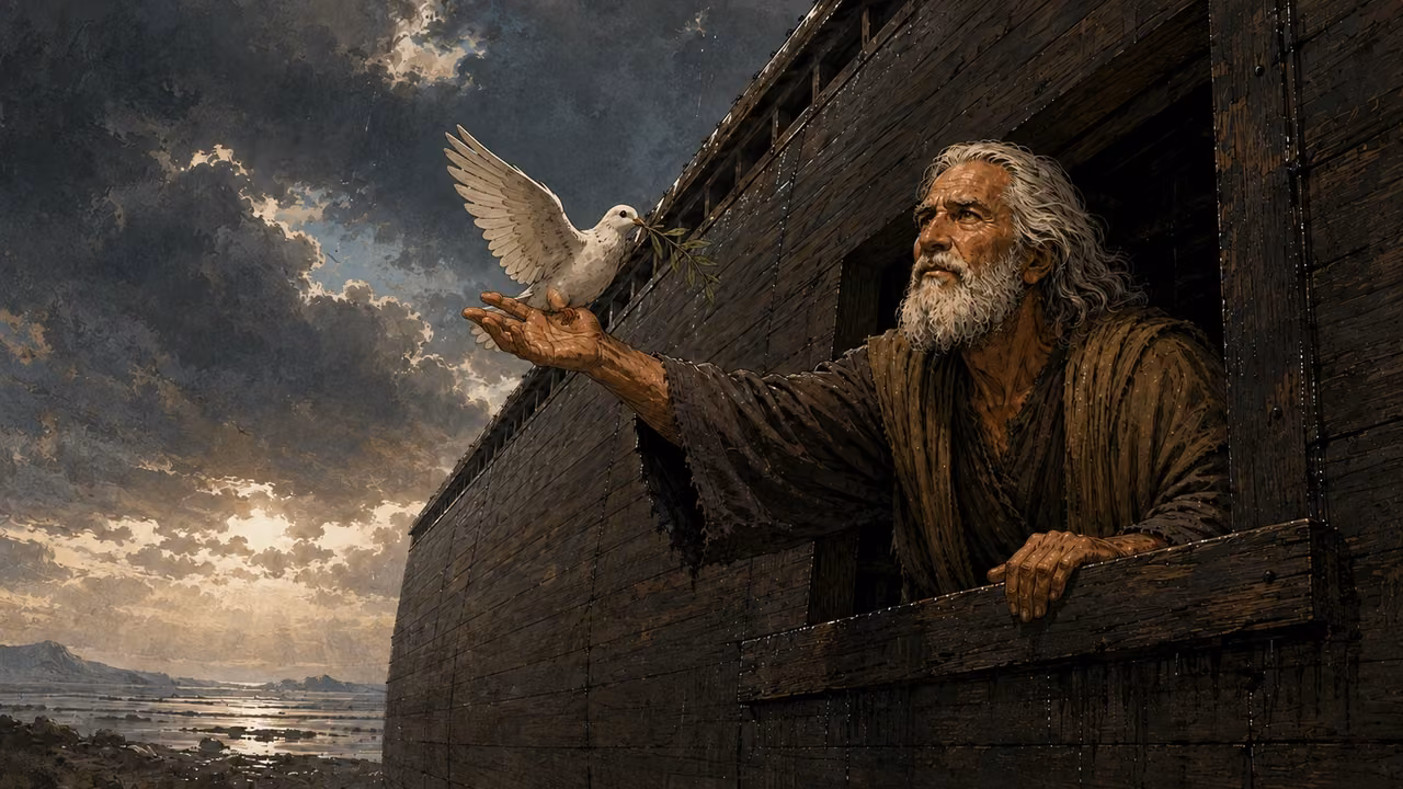 Noah receiving a dove with a fresh olive leaf through the ark opening.