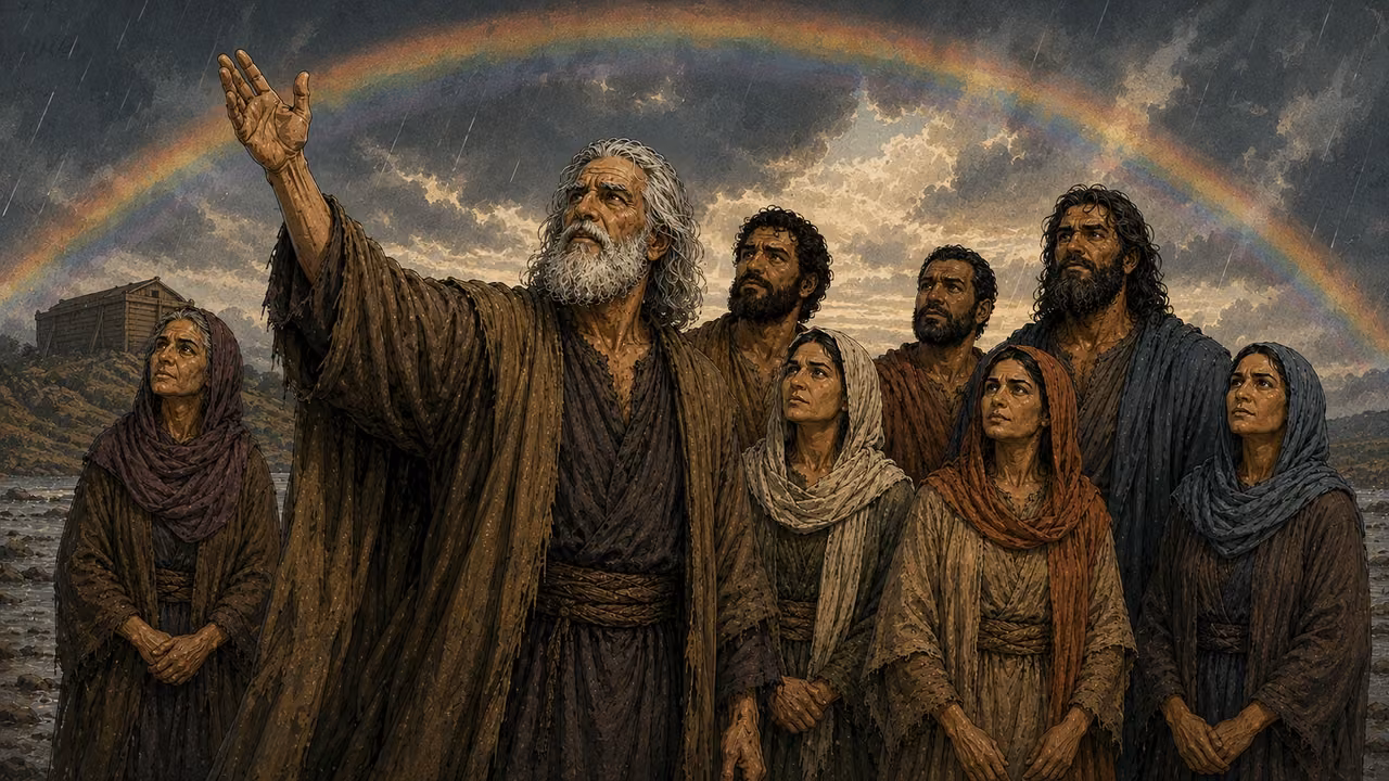 Noah and his household beneath a rainbow after the flood, with no visible deity.