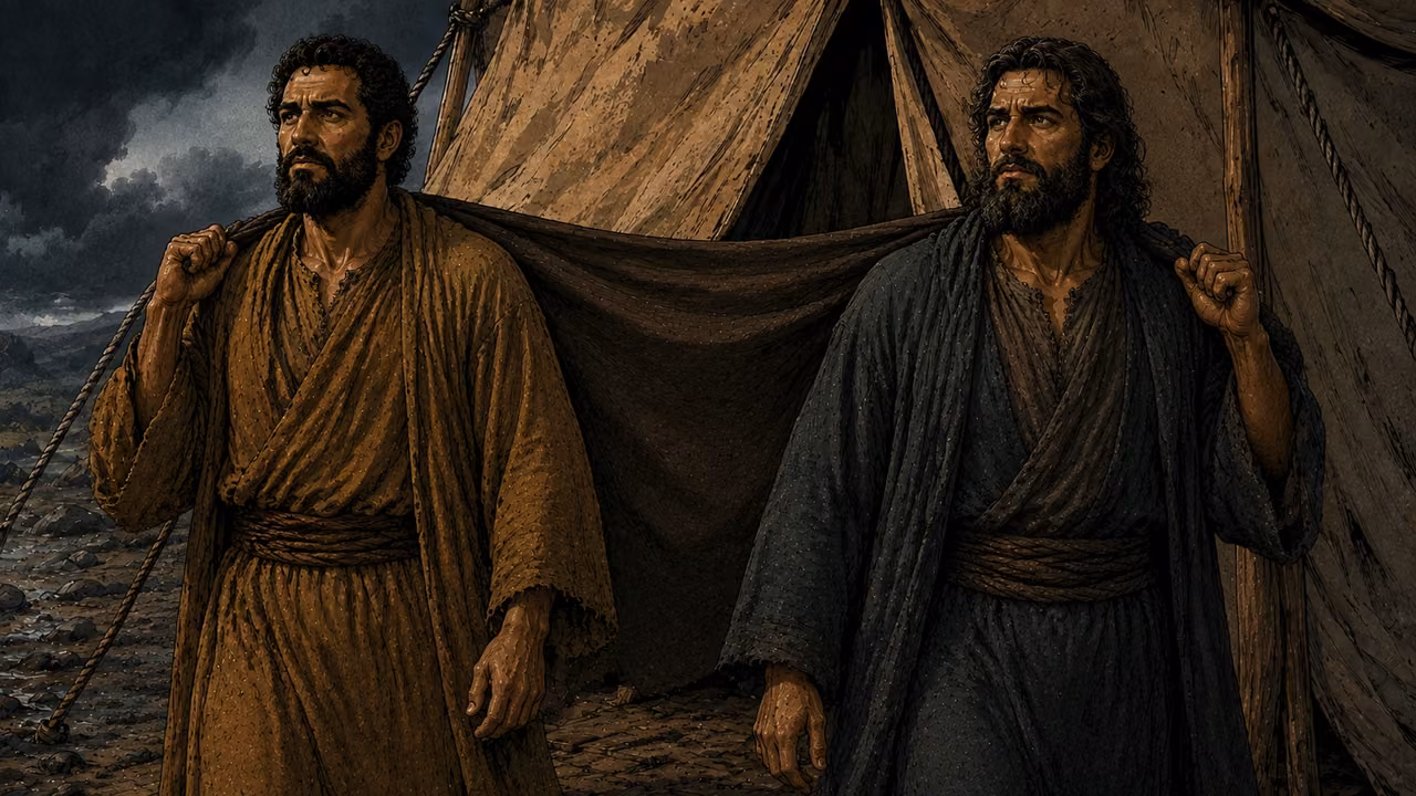 Two adult sons walking backward with a garment to cover their father inside a tent; all anatomy concealed.